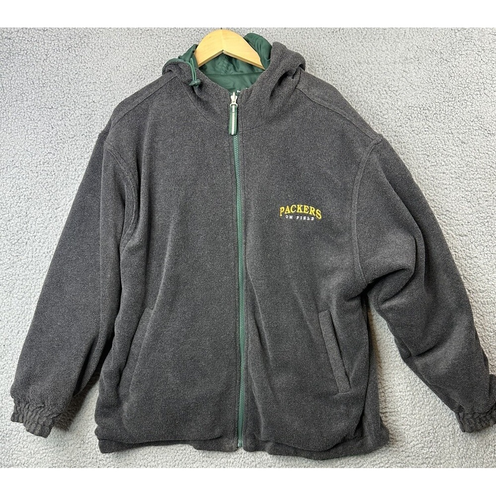 VTG Green Bay Packers Hooded Jacket Mens Medium Reversible Nylon/Fleece On Field